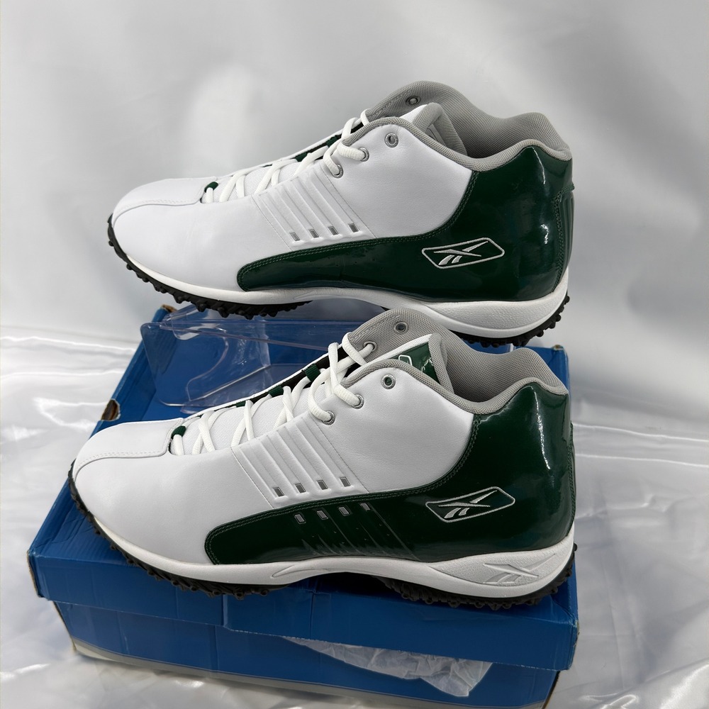 Reebok NFL X-8 Mid Quag Mens 16 White Green Leather Mid Top Cleats 20-96564